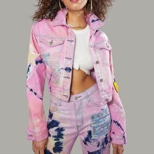 POSTER GIRL Tie Dye Crop Denim Jacket